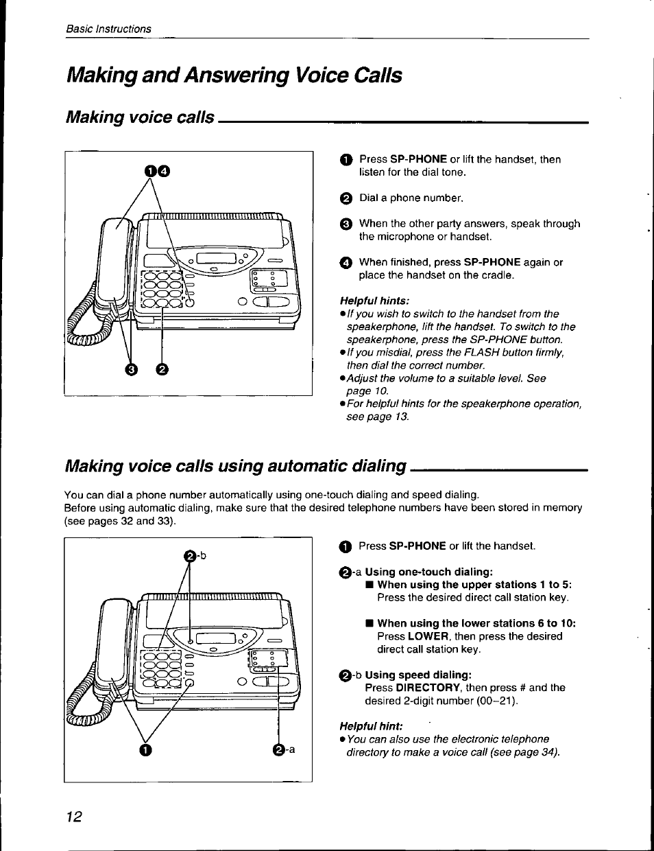 Making voice caiis, Making voice caiis using automatic diaiing, A using one-touch dialing | B using speed dialing, Making voice calls, Making and answering voice caiis | Panasonic KX-F590 User Manual | Page 12 / 68