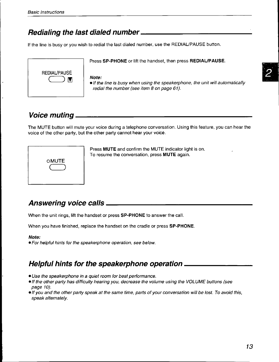 Redialing the last dialed number, Voice muting, Answering voice calls | Helpful hints for the speakerphone operation, Voice muting answering voice calls, Helpful hints for the speakerphone, Operation | Panasonic KX-F590 User Manual | Page 13 / 68