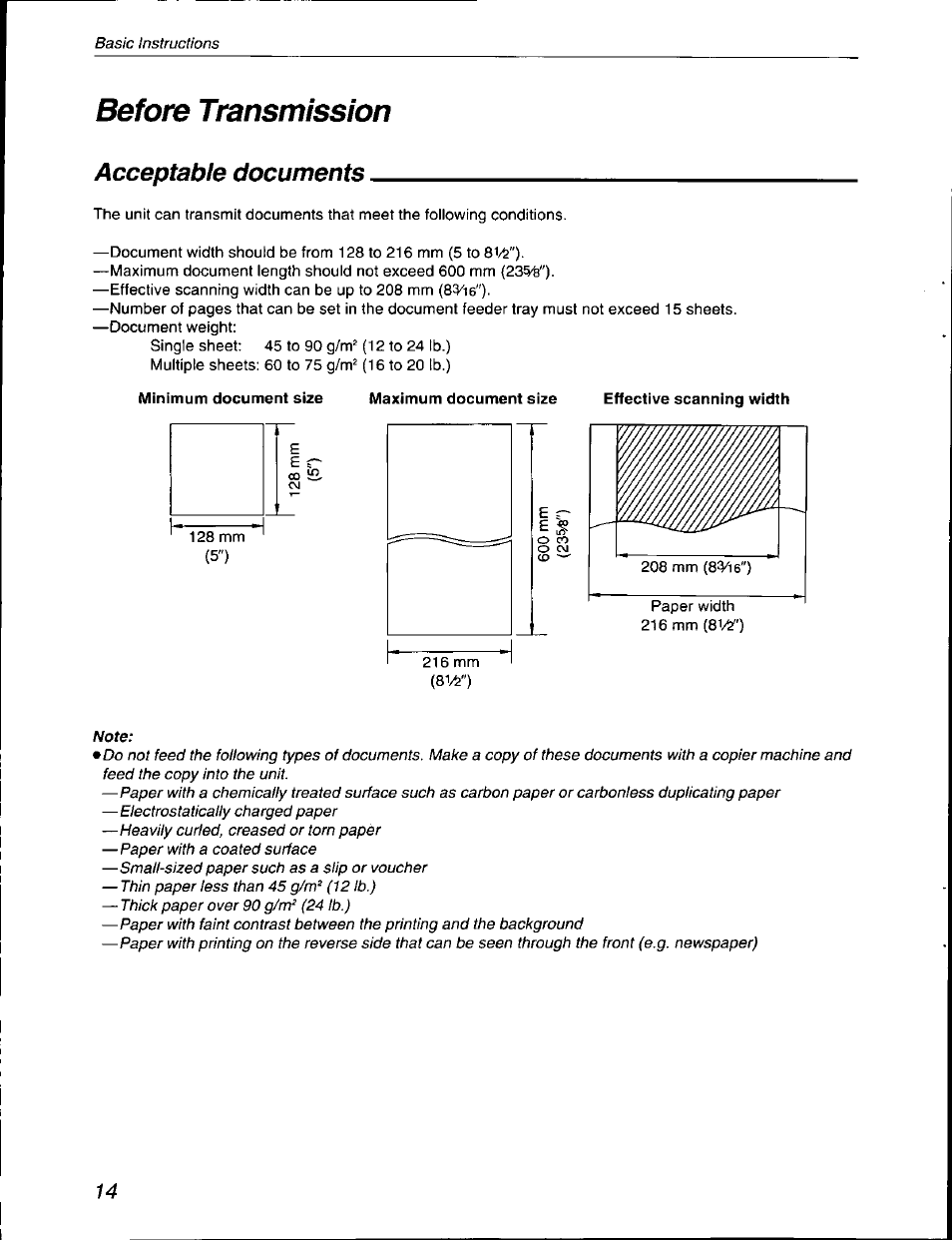 Acceptable documents, Minimum document size, Maximum document size | Before transmission, I&w) | Panasonic KX-F590 User Manual | Page 14 / 68