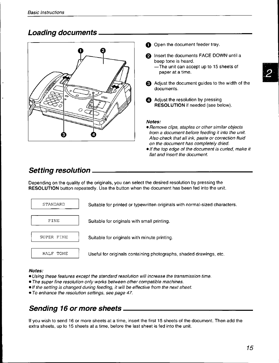 Loading documents, Setting resoiution, Sending 16 or more sheets | Panasonic KX-F590 User Manual | Page 15 / 68