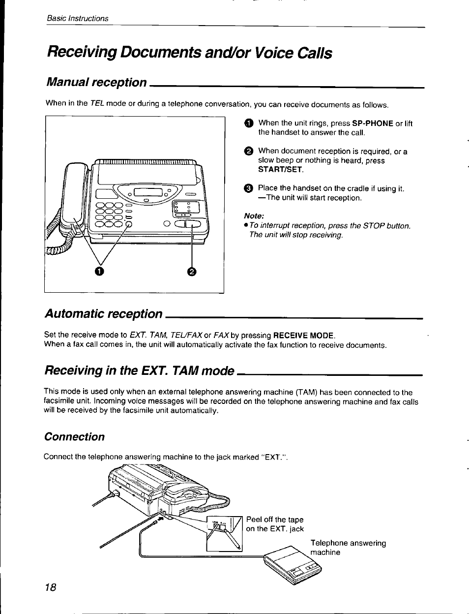 Manual reception, Automatic reception, Receiving in the ext. tam mode | Receiving documents and/or voice caiis | Panasonic KX-F590 User Manual | Page 18 / 68