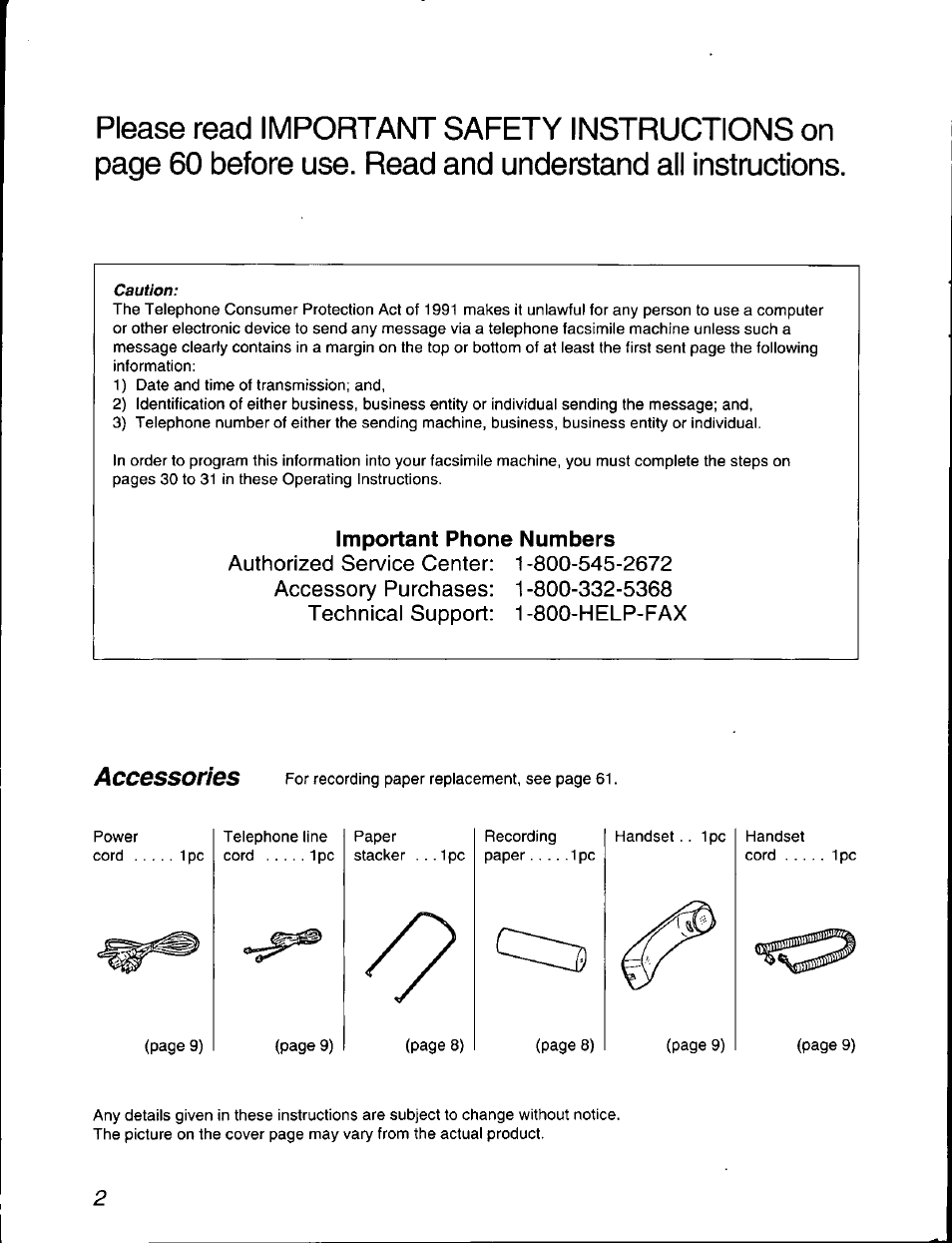 Accessories | Panasonic KX-F590 User Manual | Page 2 / 68