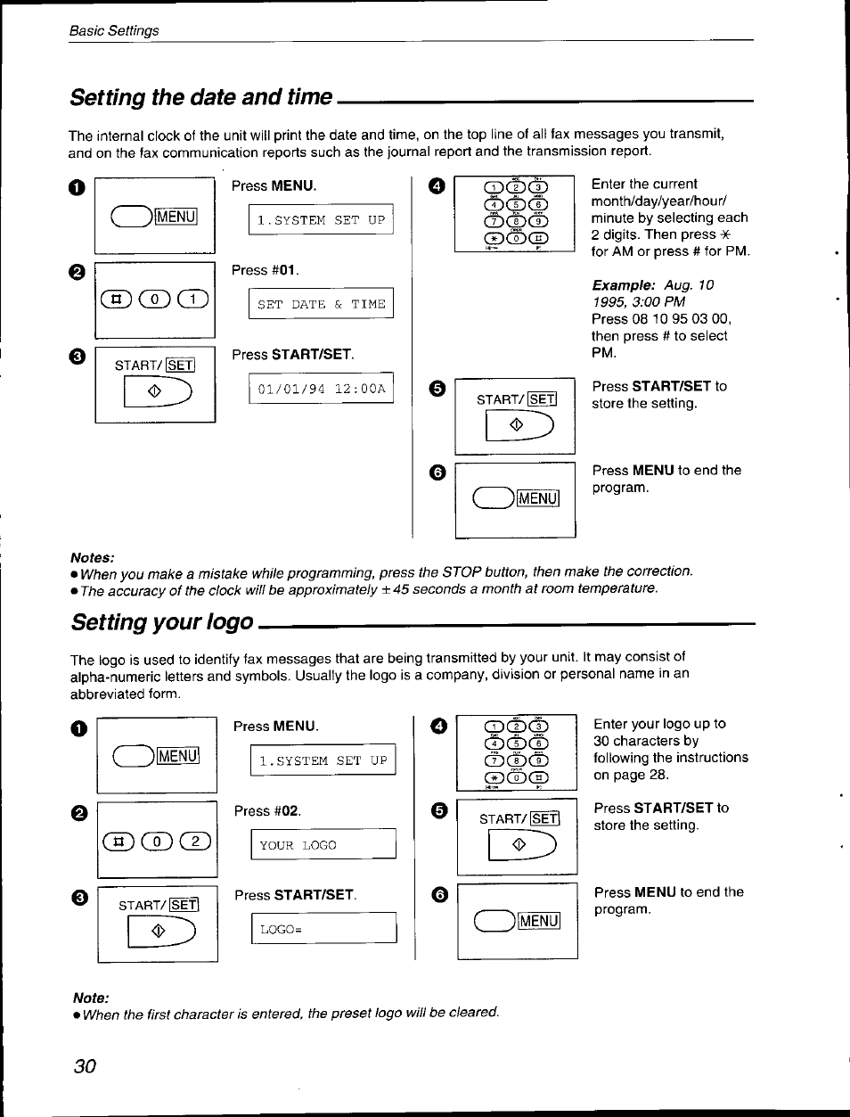 Setting the date and time, Setting your logo, Setting the date and time setting your logo | Cd® qd | Panasonic KX-F590 User Manual | Page 30 / 68