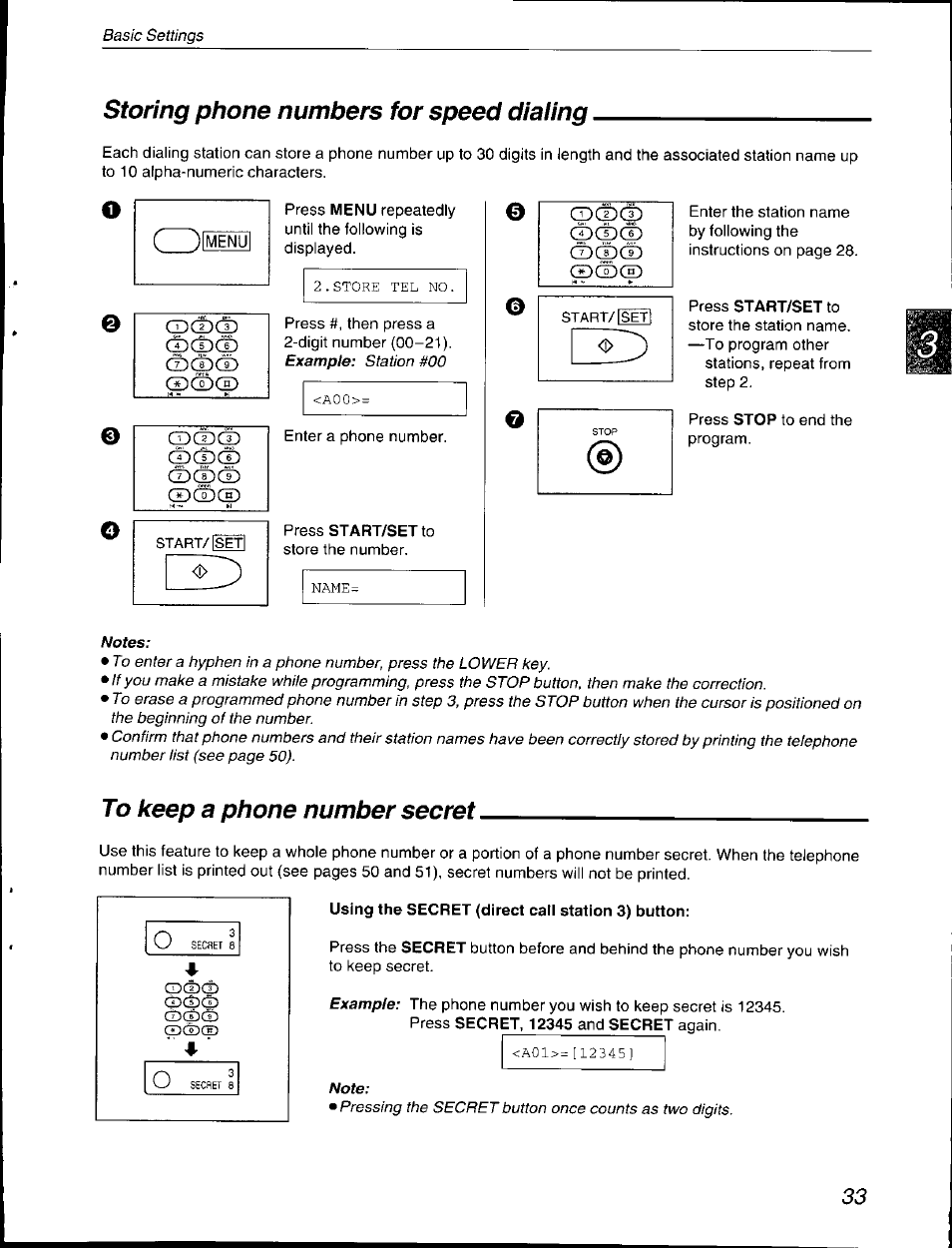 Storing phone numbers for speed dialing, To keep a phone number secret, Using the secret (direct cali station 3) button | Panasonic KX-F590 User Manual | Page 33 / 68