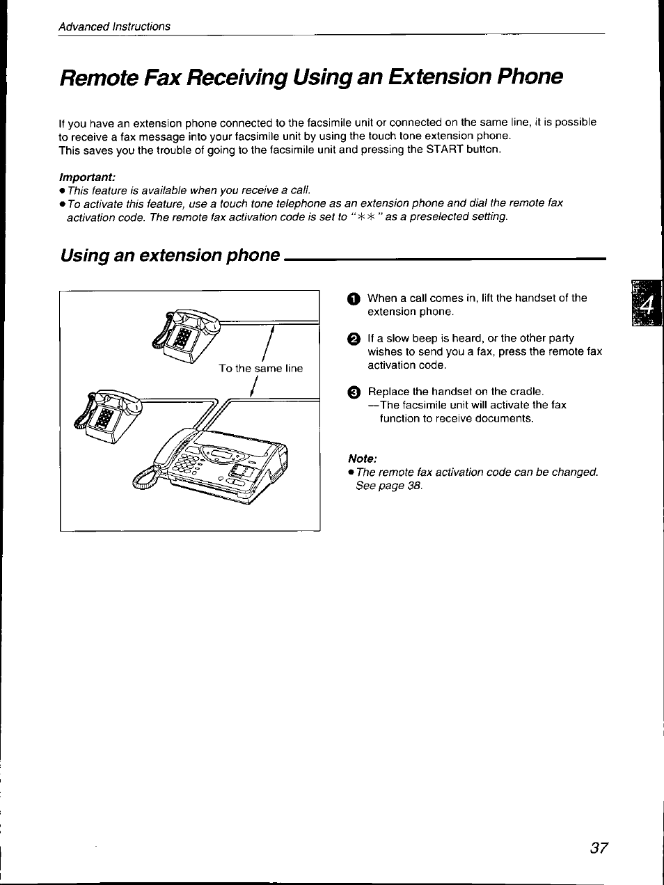 Using an extension phone, Remote fax receiving using an extension phone | Panasonic KX-F590 User Manual | Page 37 / 68