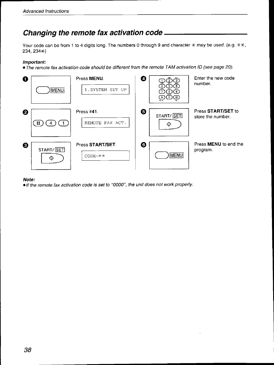 Changing the remote fax activation code, Changing the remote fax activation, Code | Ффср | Panasonic KX-F590 User Manual | Page 38 / 68