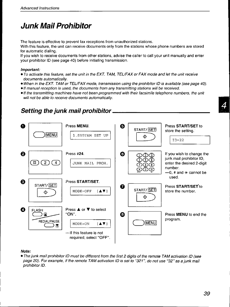 Setting the junk mail prohibitor, Junk mail prohibitor | Panasonic KX-F590 User Manual | Page 39 / 68