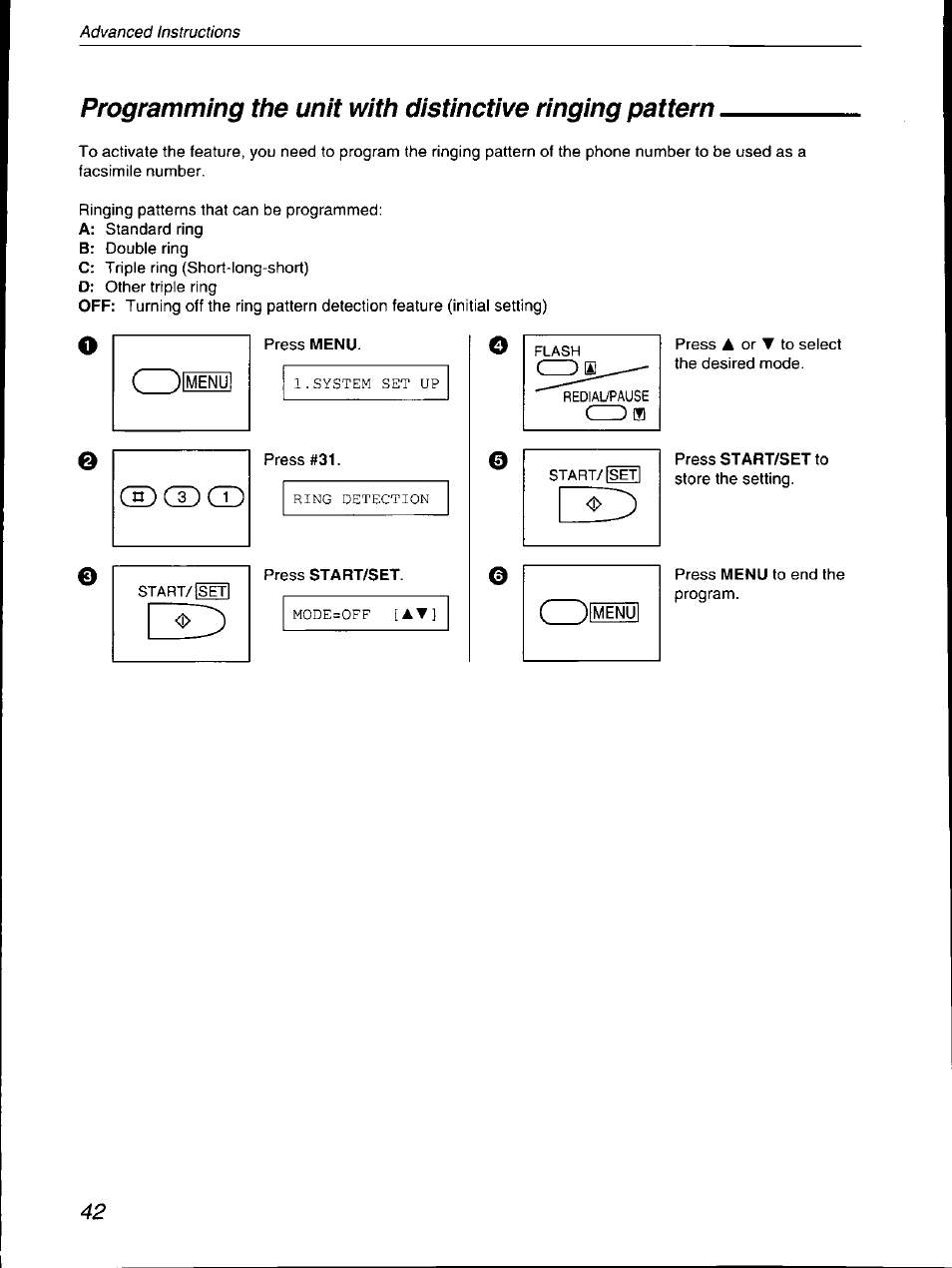 Programming the unit with distinctive, Ringing pattern | Panasonic KX-F590 User Manual | Page 42 / 68