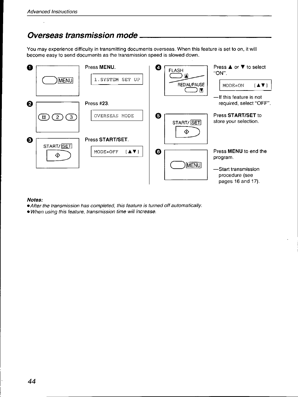 Overseas transmission mode | Panasonic KX-F590 User Manual | Page 44 / 68