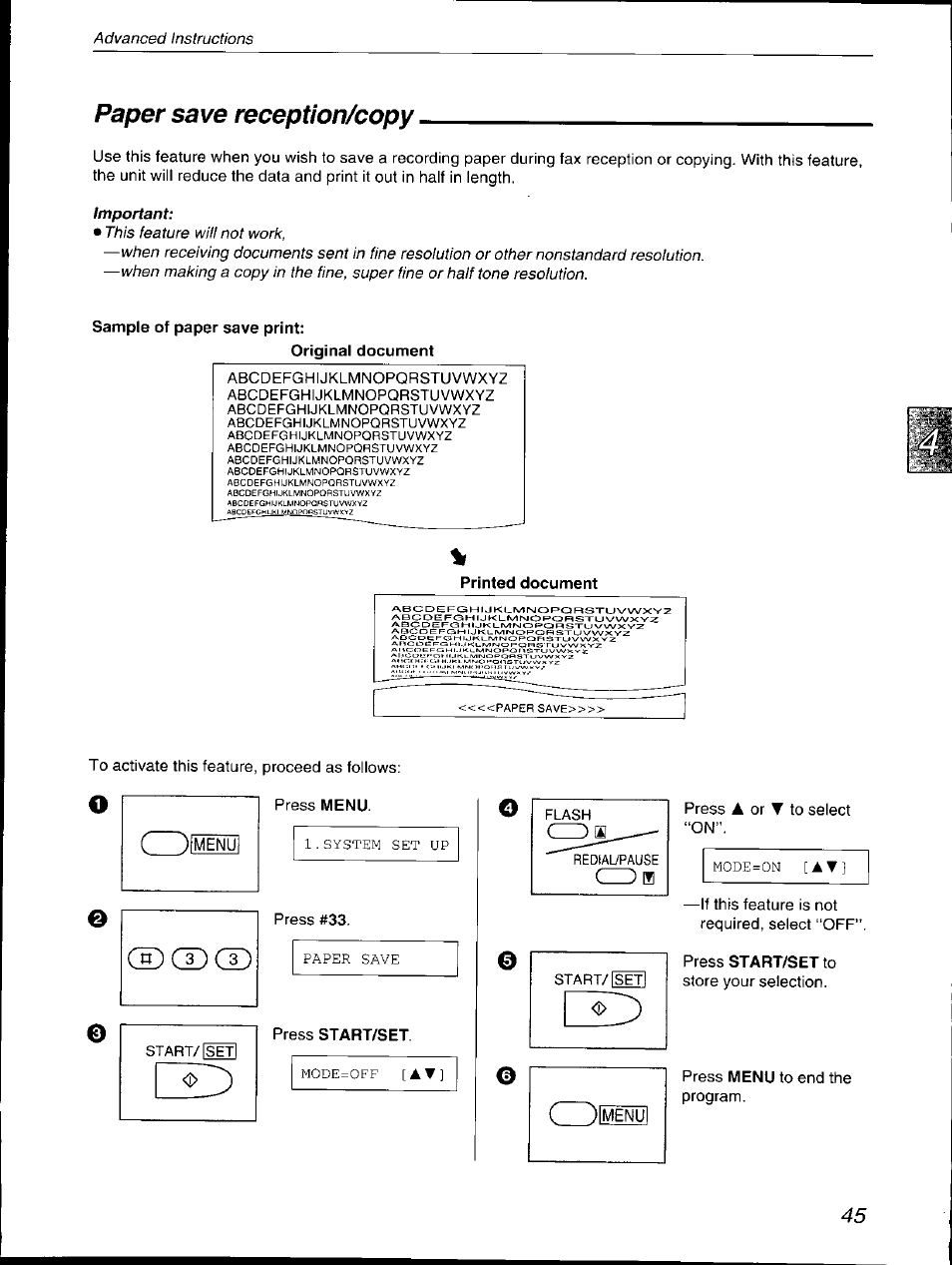 Paper save reception/copy, Sample of paper save print, Original document | Printed document, Press start/set to | Panasonic KX-F590 User Manual | Page 45 / 68