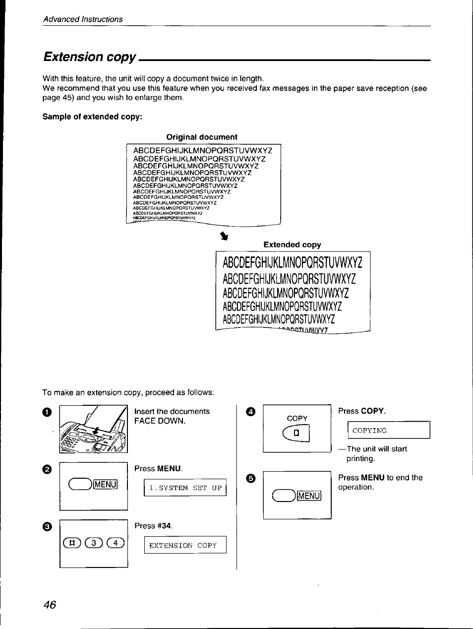 Extension copy, Sample of extended copy, Original document | Extended copy, Abcdefghijklmnopqrstuvwxyz | Panasonic KX-F590 User Manual | Page 46 / 68