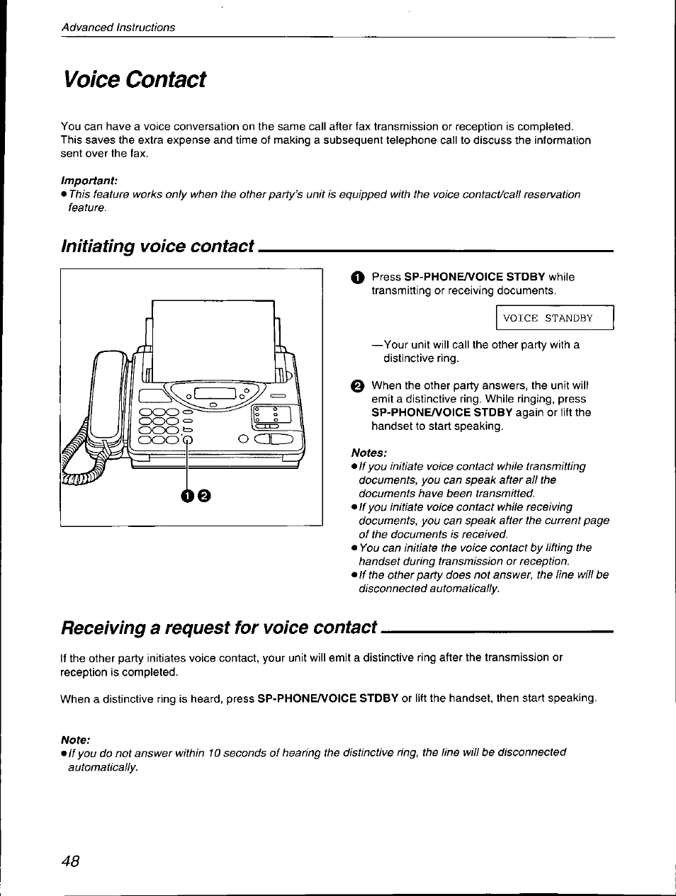 Initiating voice contact, Receiving a request for voice contact, Voice contact | Panasonic KX-F590 User Manual | Page 48 / 68