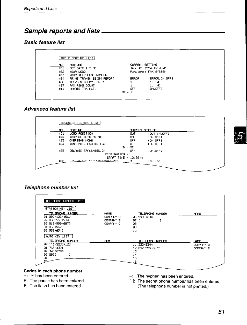 Sample reports and lists | Panasonic KX-F590 User Manual | Page 51 / 68