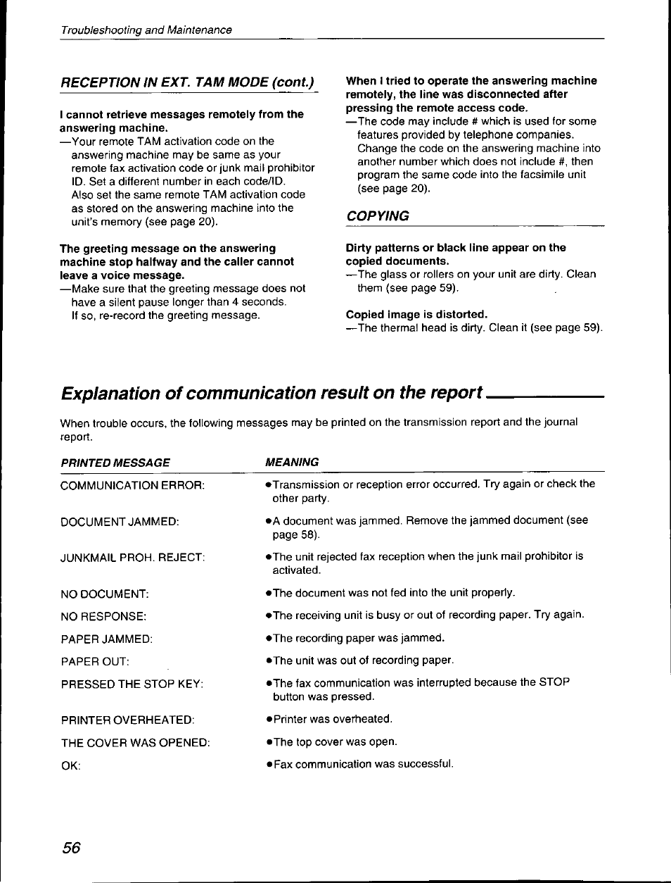 Copied image is distorted, Explanation of communication result on the report | Panasonic KX-F590 User Manual | Page 56 / 68