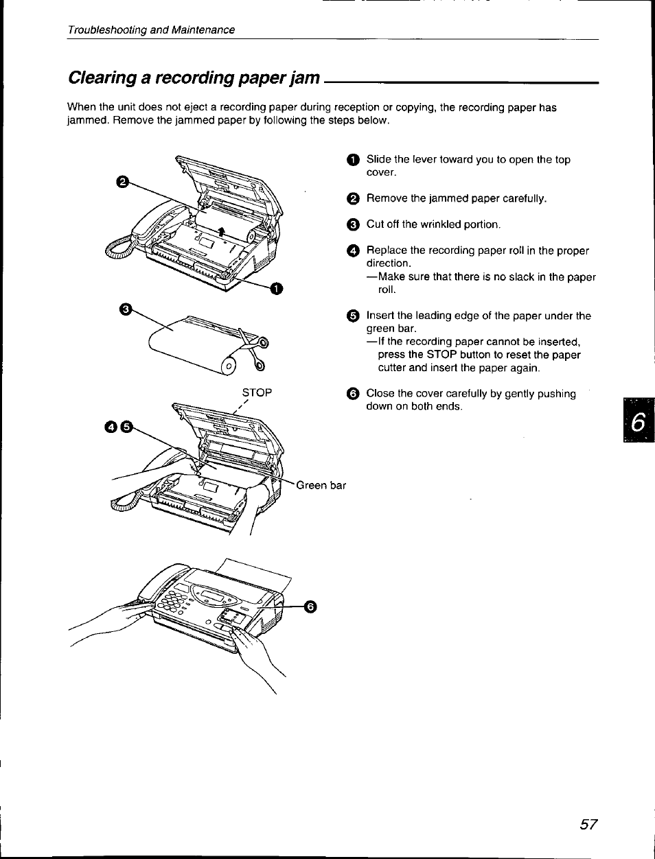 Clearing a recording paper jam | Panasonic KX-F590 User Manual | Page 57 / 68