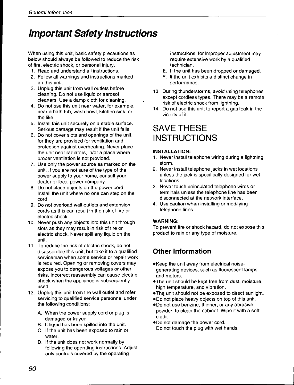 Installation, Warning, Important safety instructions | Save these instructions | Panasonic KX-F590 User Manual | Page 60 / 68