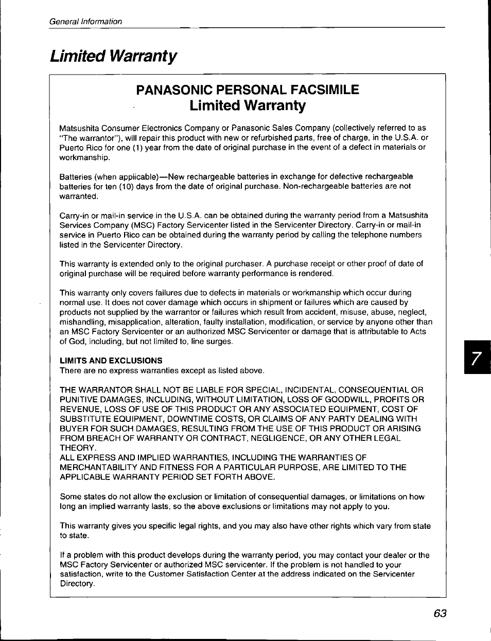 Limited warranty, Limits and exclusions, Panasonic personal facsimile | Panasonic KX-F590 User Manual | Page 63 / 68