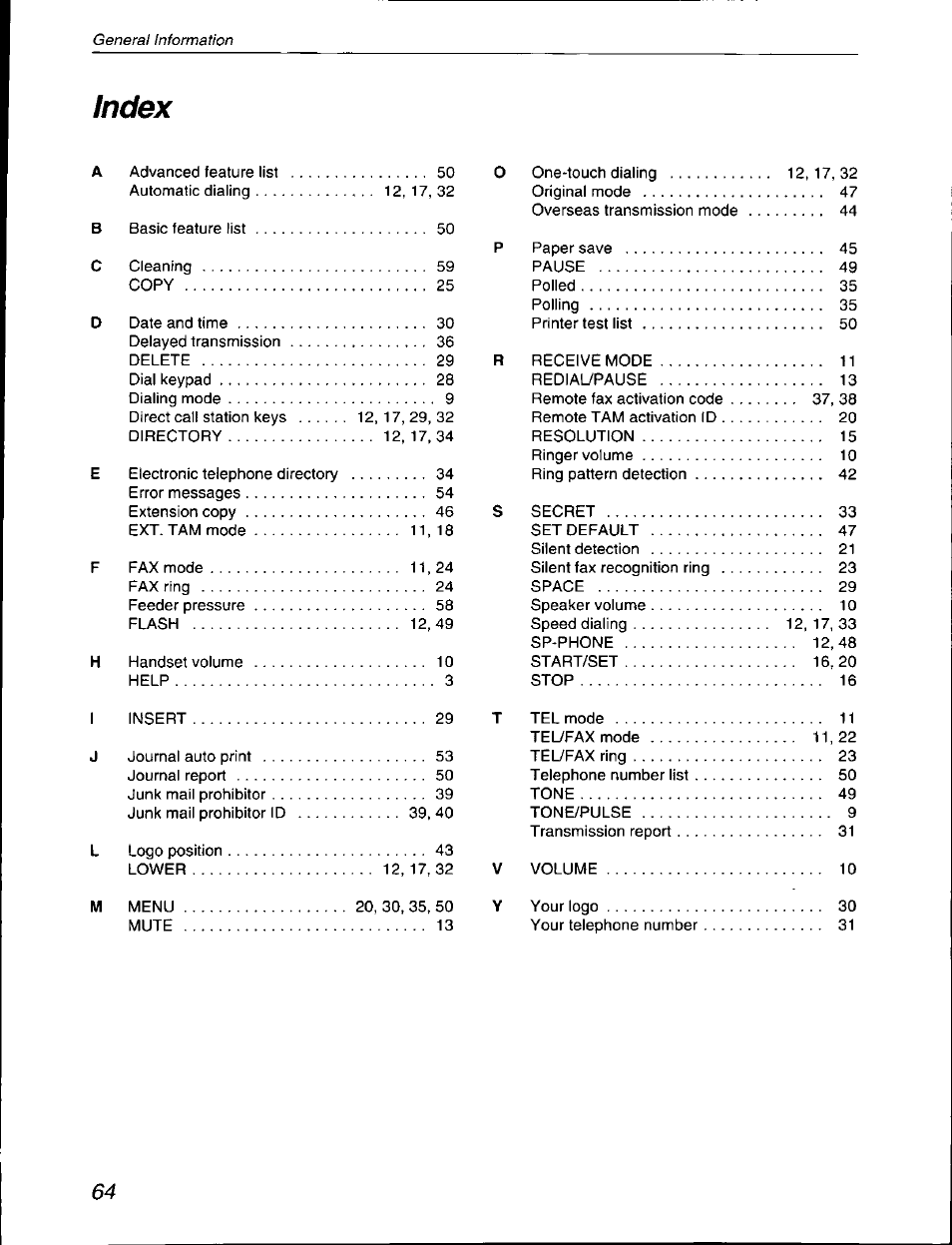 Index | Panasonic KX-F590 User Manual | Page 64 / 68