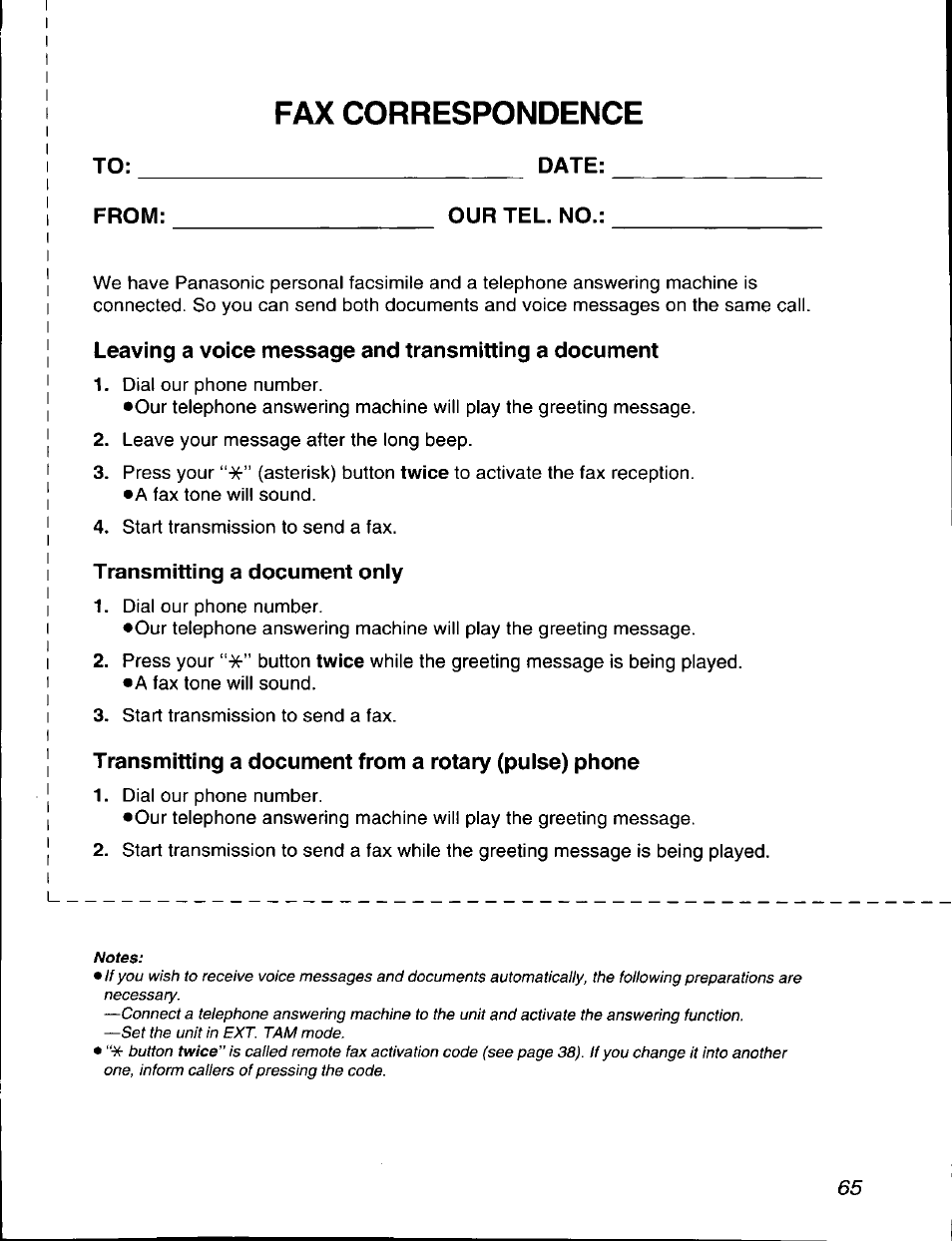 Fax correspondence | Panasonic KX-F590 User Manual | Page 65 / 68