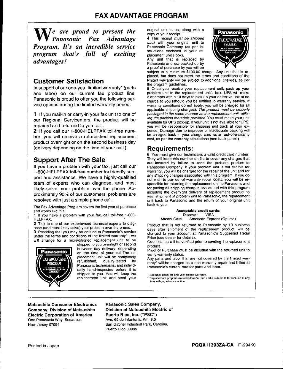 Panasonic, Fax advantage program, Customer satisfaction | Support after the sale, Requirements | Panasonic KX-F590 User Manual | Page 68 / 68
