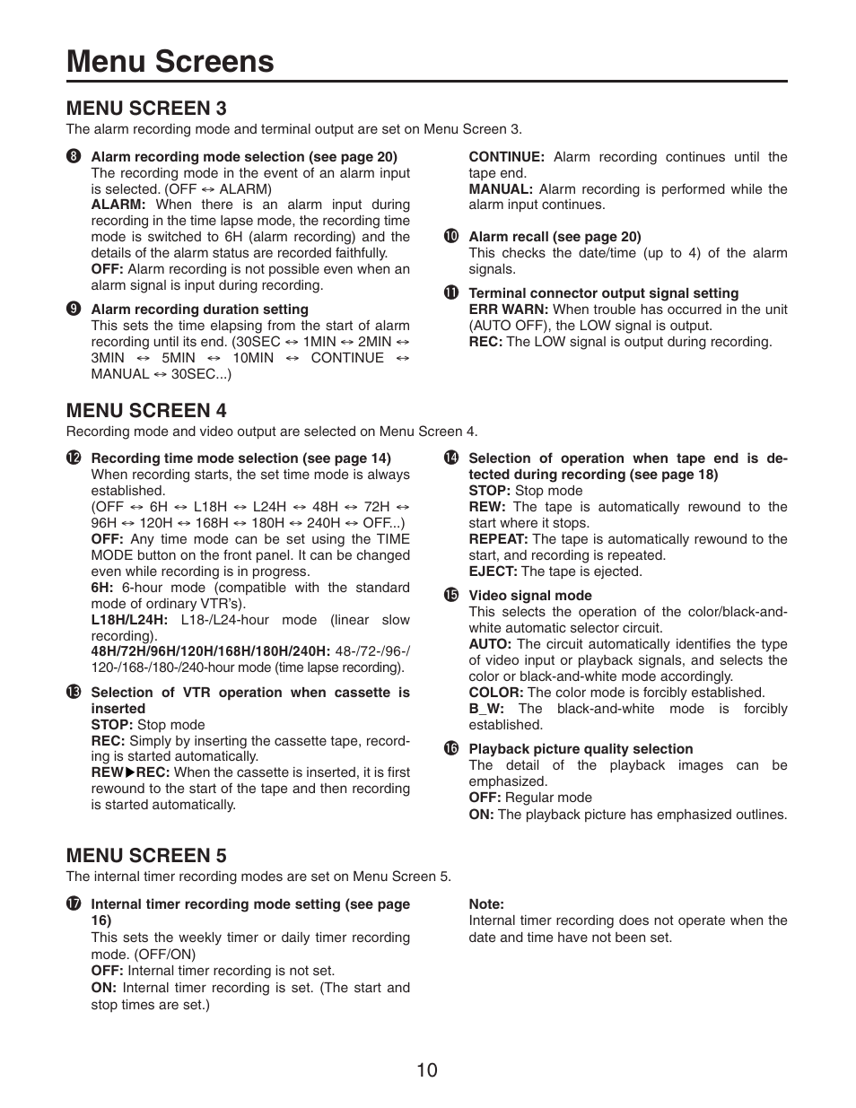 Menu screens, Menu screen 3, Menu screen 4 | Menu screen 5 | Panasonic AG-RT850P User Manual | Page 10 / 32