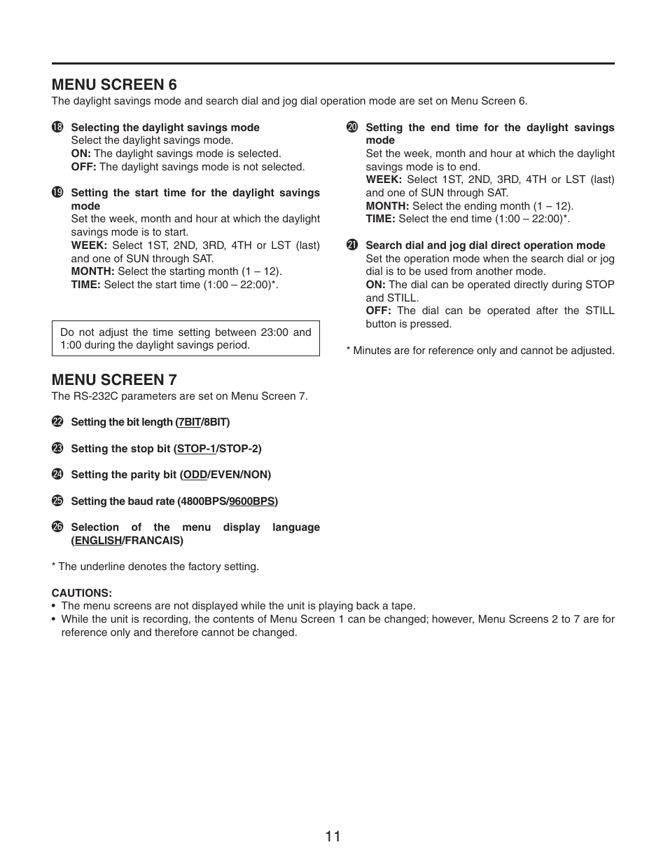 11 menu screen 6, Menu screen 7 | Panasonic AG-RT850P User Manual | Page 11 / 32