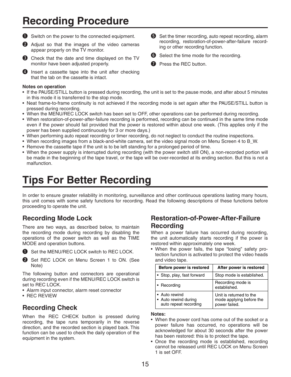 Recording procedure, Tips for better recording, Recording mode lock | Recording check, Restoration-of-power-after-failure recording | Panasonic AG-RT850P User Manual | Page 15 / 32