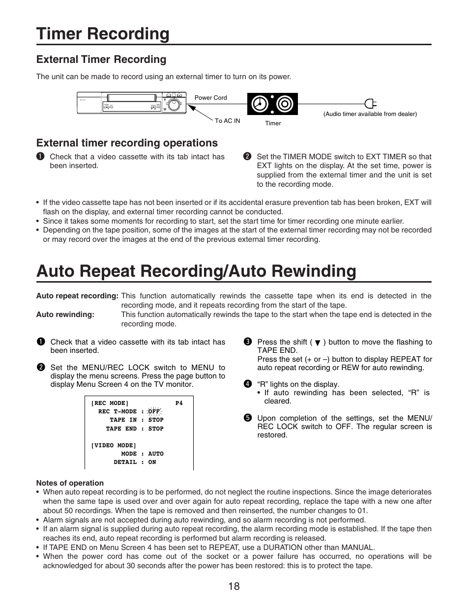 External timer recording, Auto repeat recording/auto rewinding, Timer recording | External timer recording operations | Panasonic AG-RT850P User Manual | Page 18 / 32