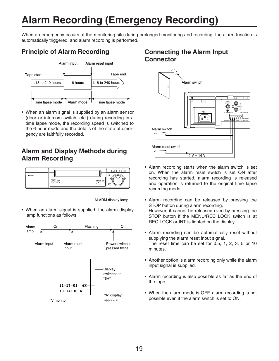 Alarm recording (emergency recording), Principle of alarm recording, Alarm and display methods during alarm recording | Connecting the alarm input connector | Panasonic AG-RT850P User Manual | Page 19 / 32