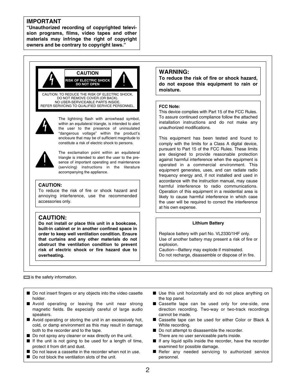 Important, Warning, Caution | Panasonic AG-RT850P User Manual | Page 2 / 32