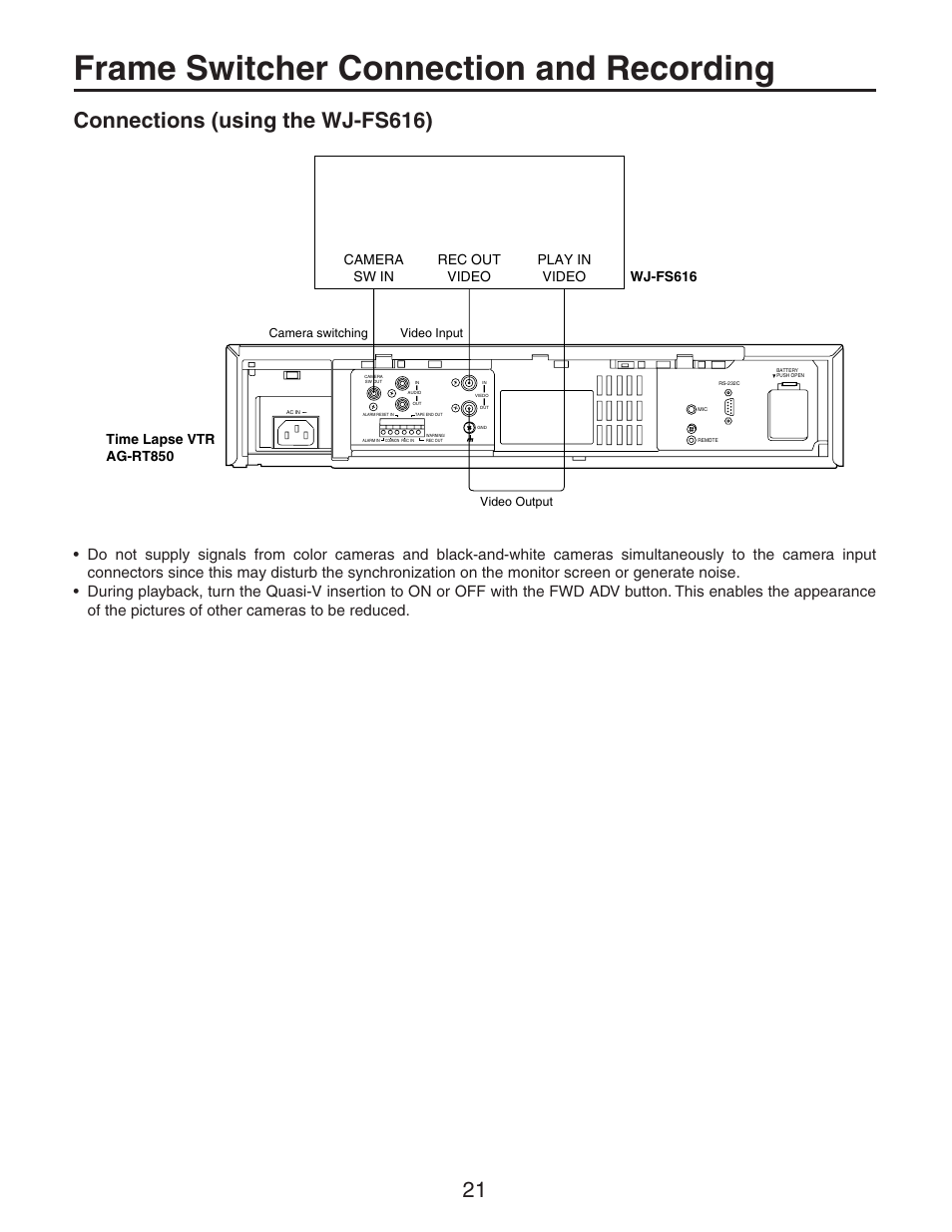 Frame switcher connection and recording, Connections (using the wj-fs616), Time lapse vtr ag-rt850 | Camera sw in rec out video play in video wj-fs616 | Panasonic AG-RT850P User Manual | Page 21 / 32