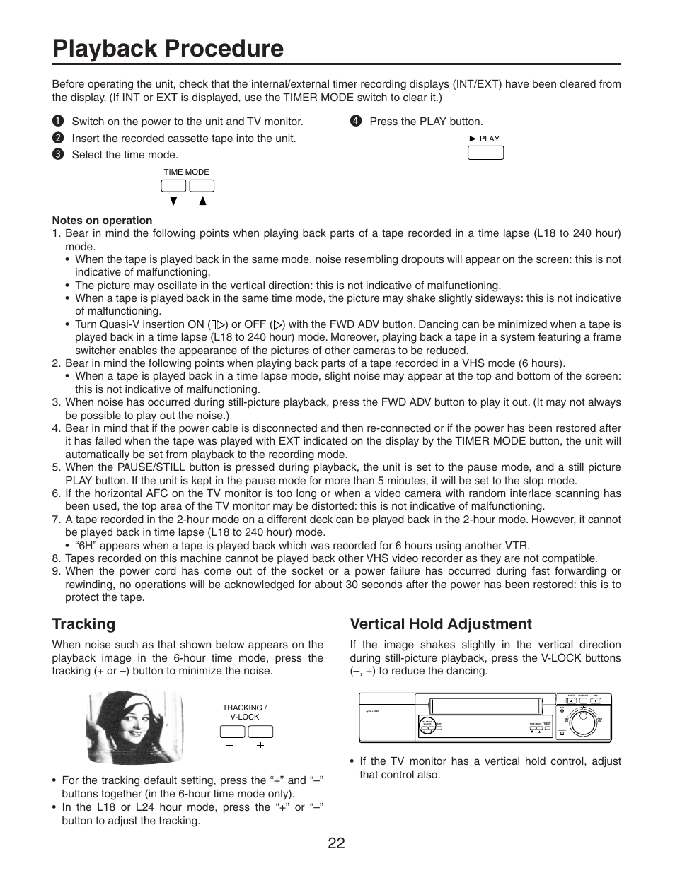 Playback procedure, Tracking, Vertical hold adjustment | Panasonic AG-RT850P User Manual | Page 22 / 32