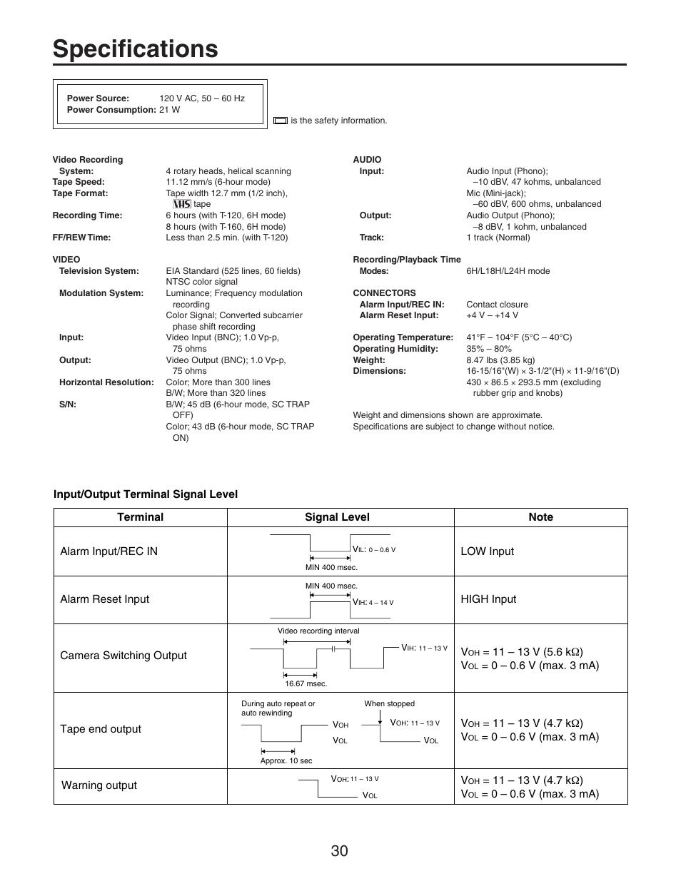 Specifications | Panasonic AG-RT850P User Manual | Page 30 / 32
