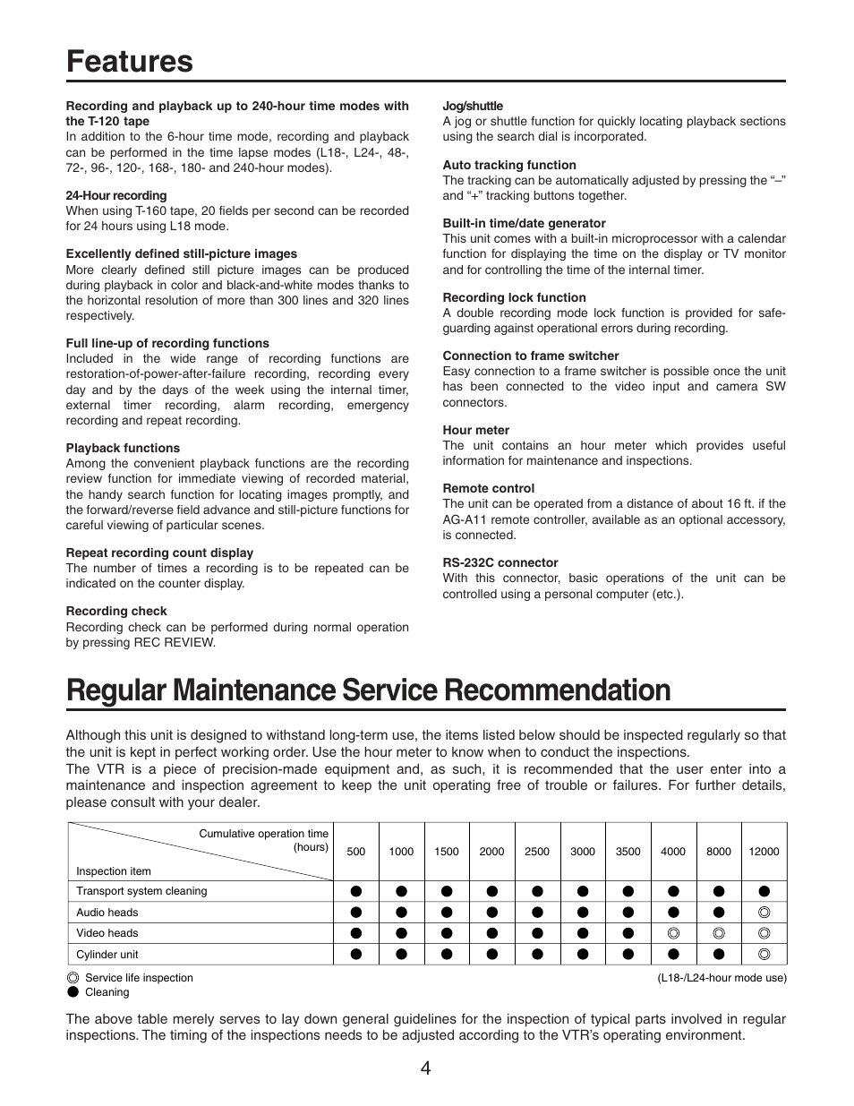Features, Regular maintenance service recommendation | Panasonic AG-RT850P User Manual | Page 4 / 32
