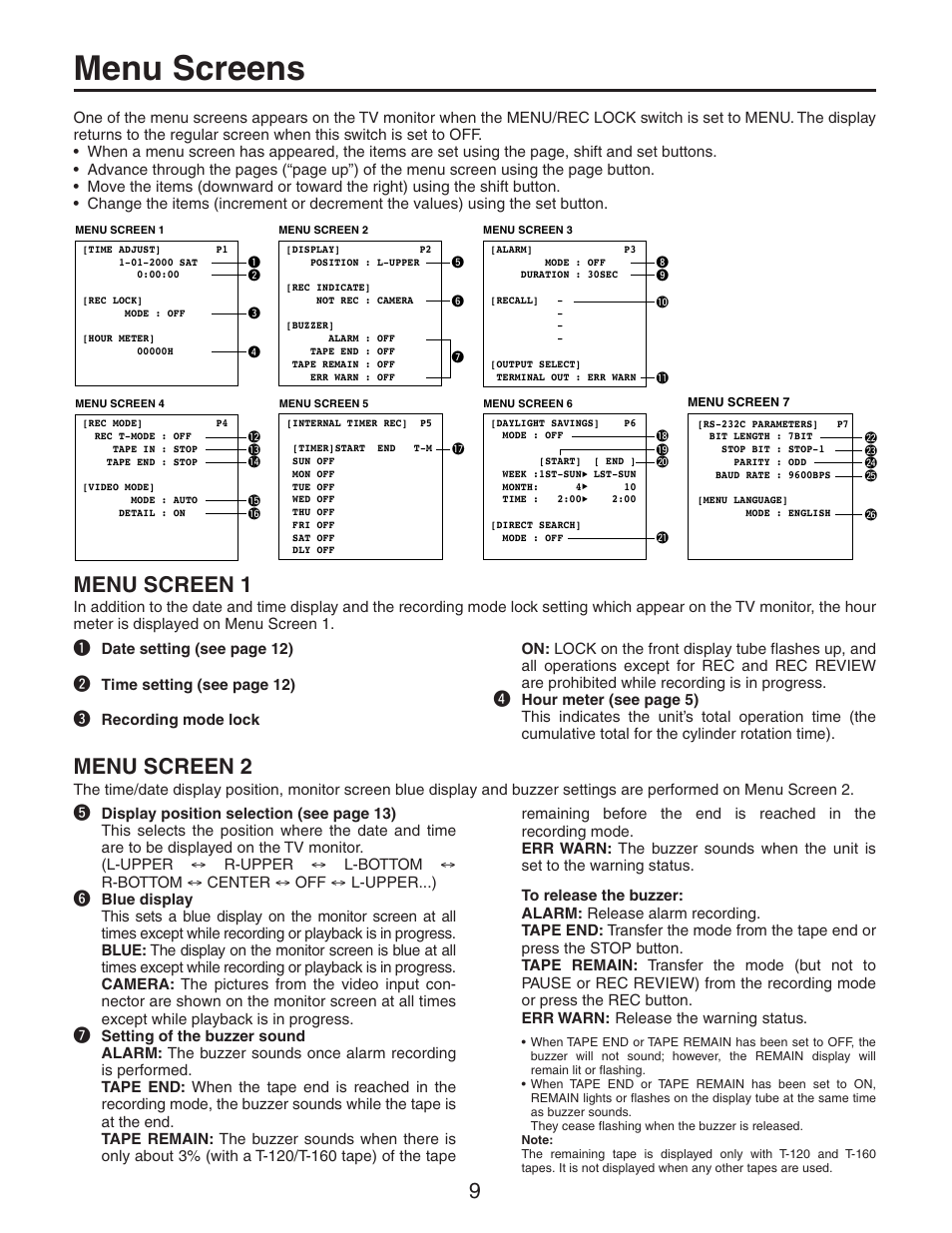 Menu screens, Menu screen 1, Menu screen 2 | Panasonic AG-RT850P User Manual | Page 9 / 32