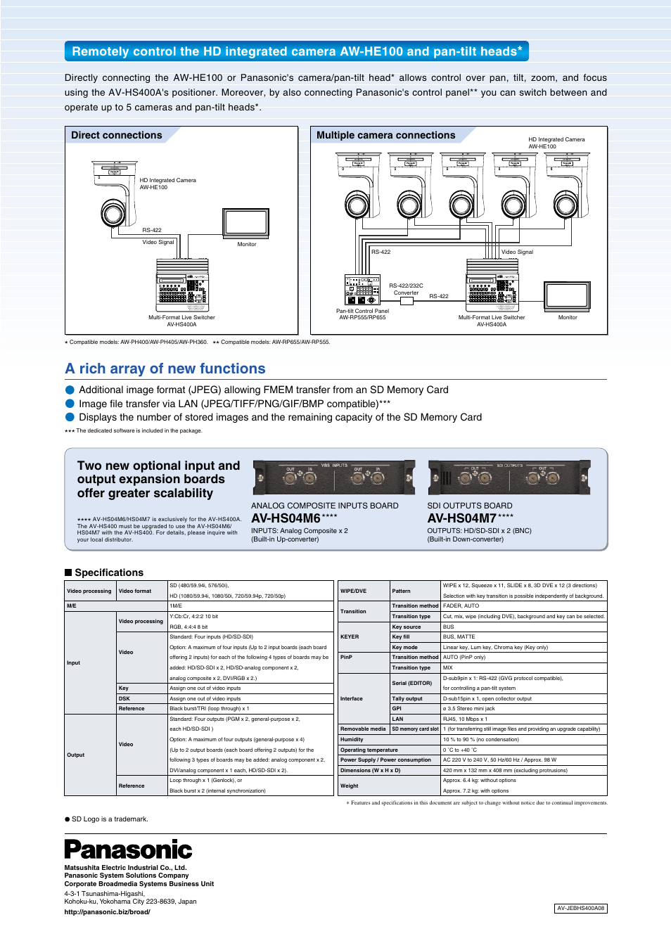 A rich array of new functions, Av-hs04m6, Av-hs04m7 | Specifications, Direct connections multiple camera connections | Panasonic AV-HS400A User Manual | Page 2 / 2