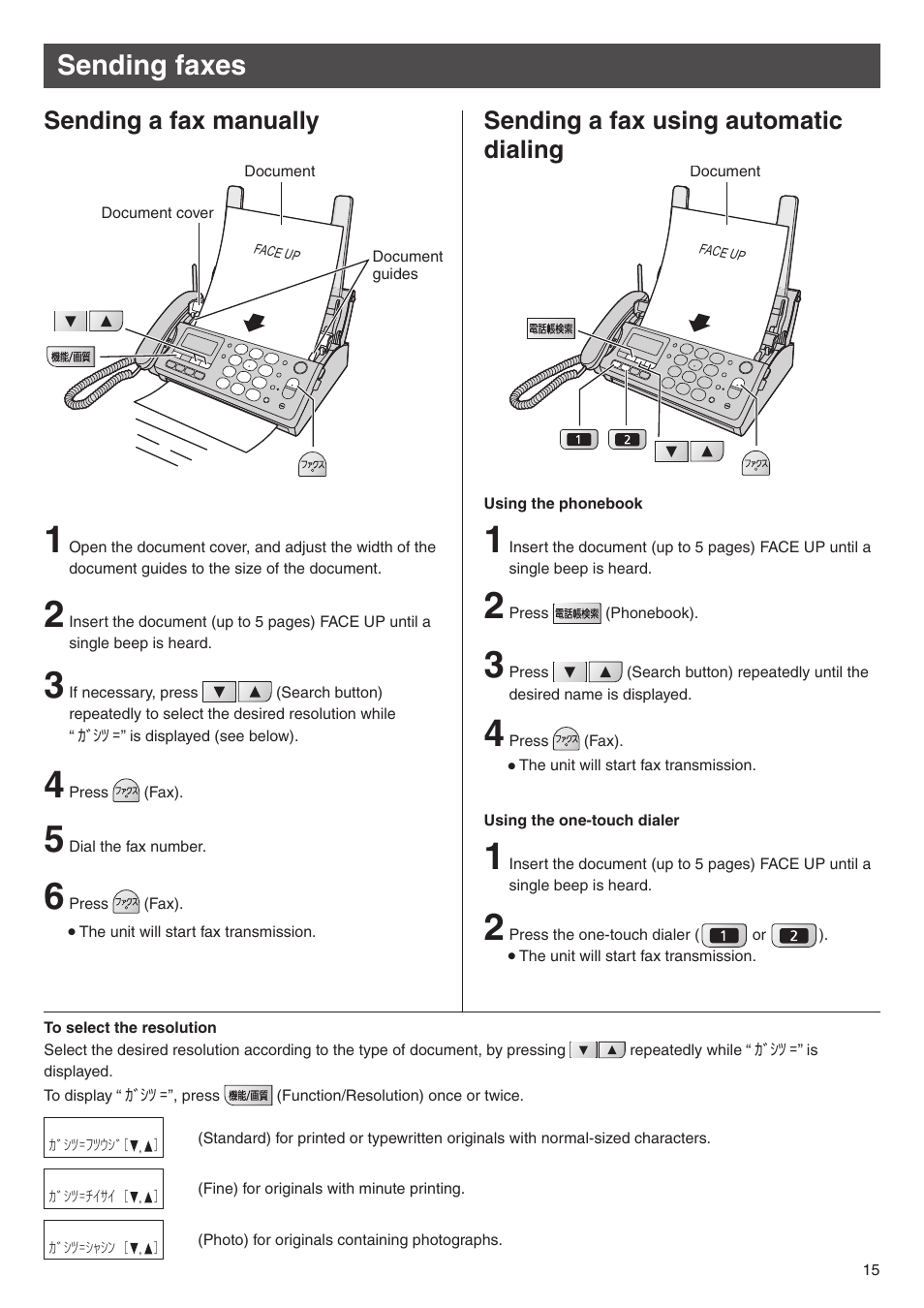 Sending faxes, Sending a fax manually, Sending a fax using automatic dialing | Panasonic KX-PW308DW User Manual | Page 15 / 20