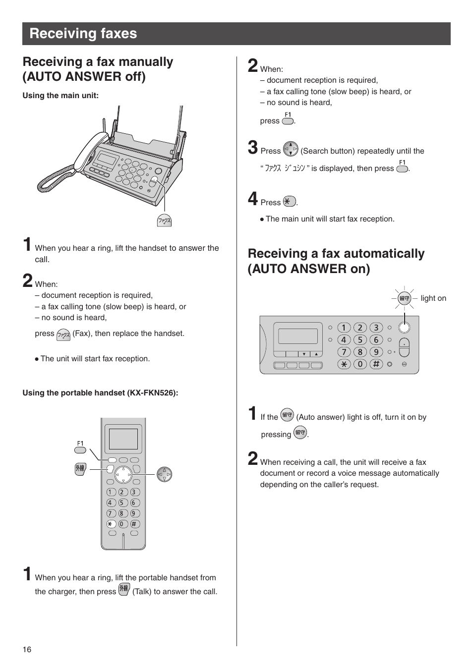 Receiving faxes, Receiving a fax manually (auto answer off), Receiving a fax automatically (auto answer on) | Panasonic KX-PW308DW User Manual | Page 16 / 20