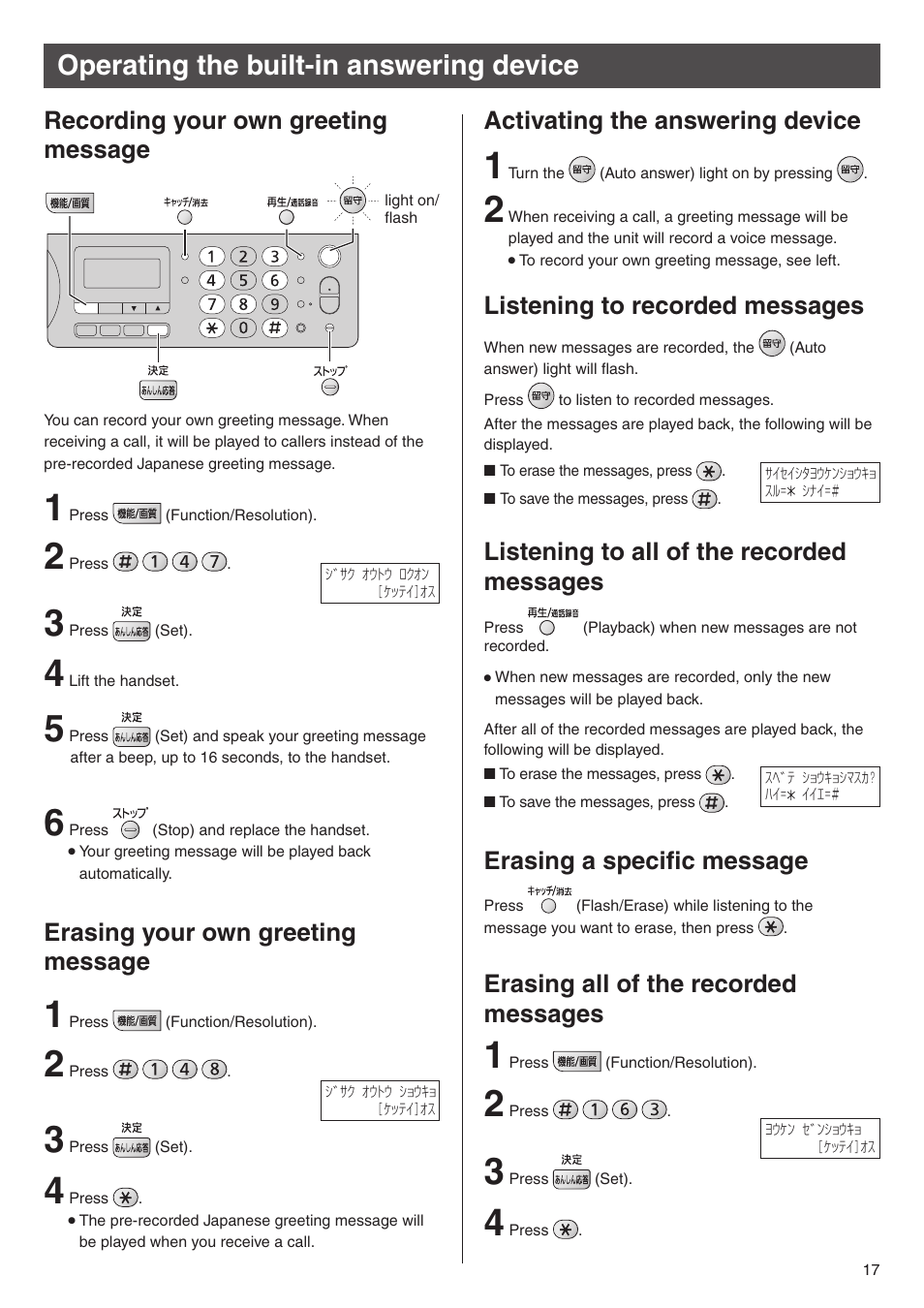 Operating the built-in answering device, Recording your own greeting message, Erasing your own greeting message | Activating the answering device, Erasing a specific message, Erasing all of the recorded messages | Panasonic KX-PW308DW User Manual | Page 17 / 20