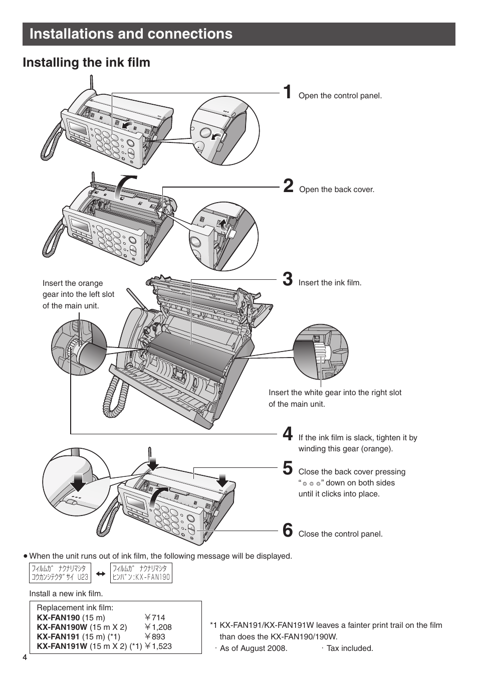 Installations and connections, Installing the ink film | Panasonic KX-PW308DW User Manual | Page 4 / 20