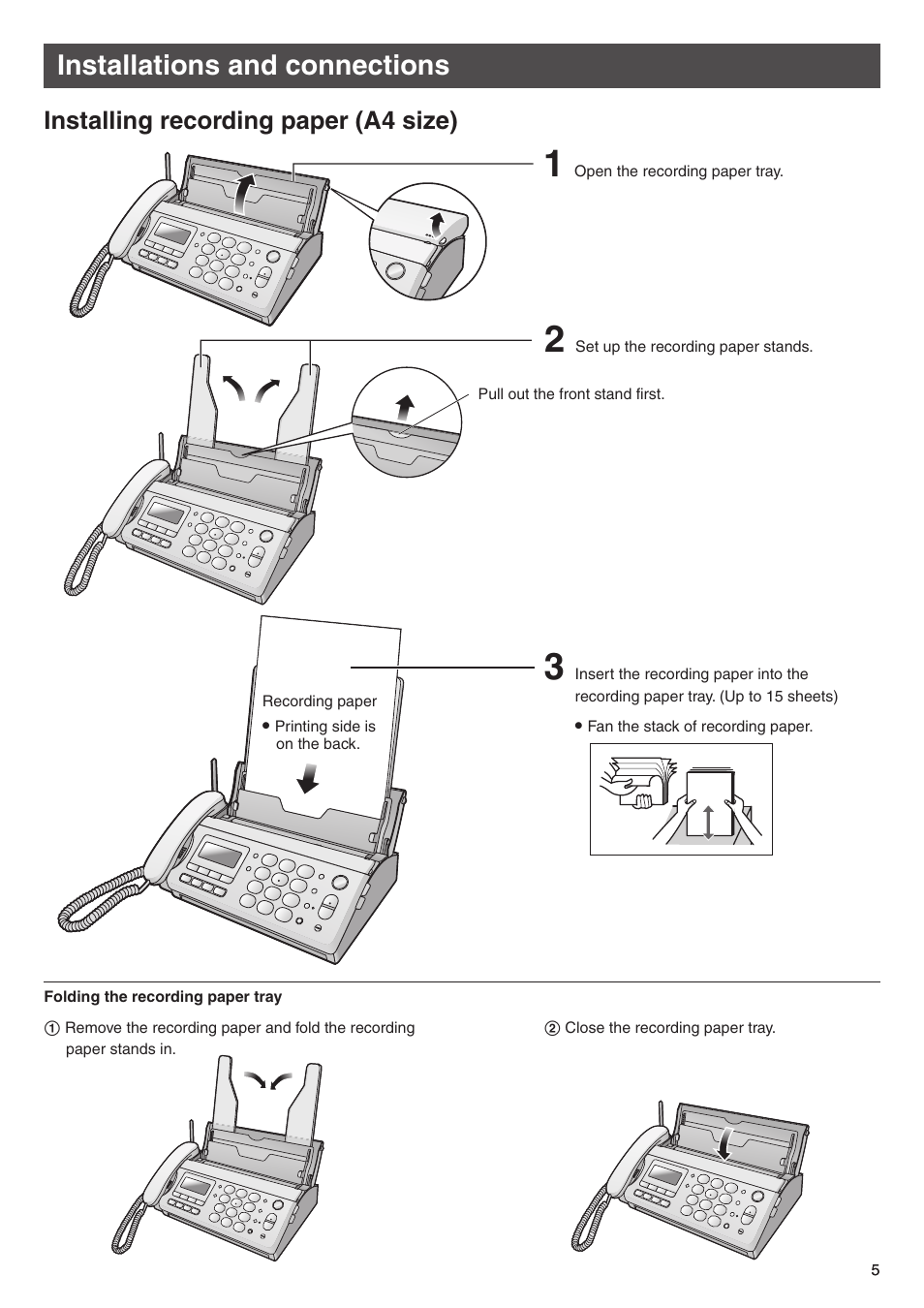 Installations and connections, Installing recording paper (a4 size) | Panasonic KX-PW308DW User Manual | Page 5 / 20