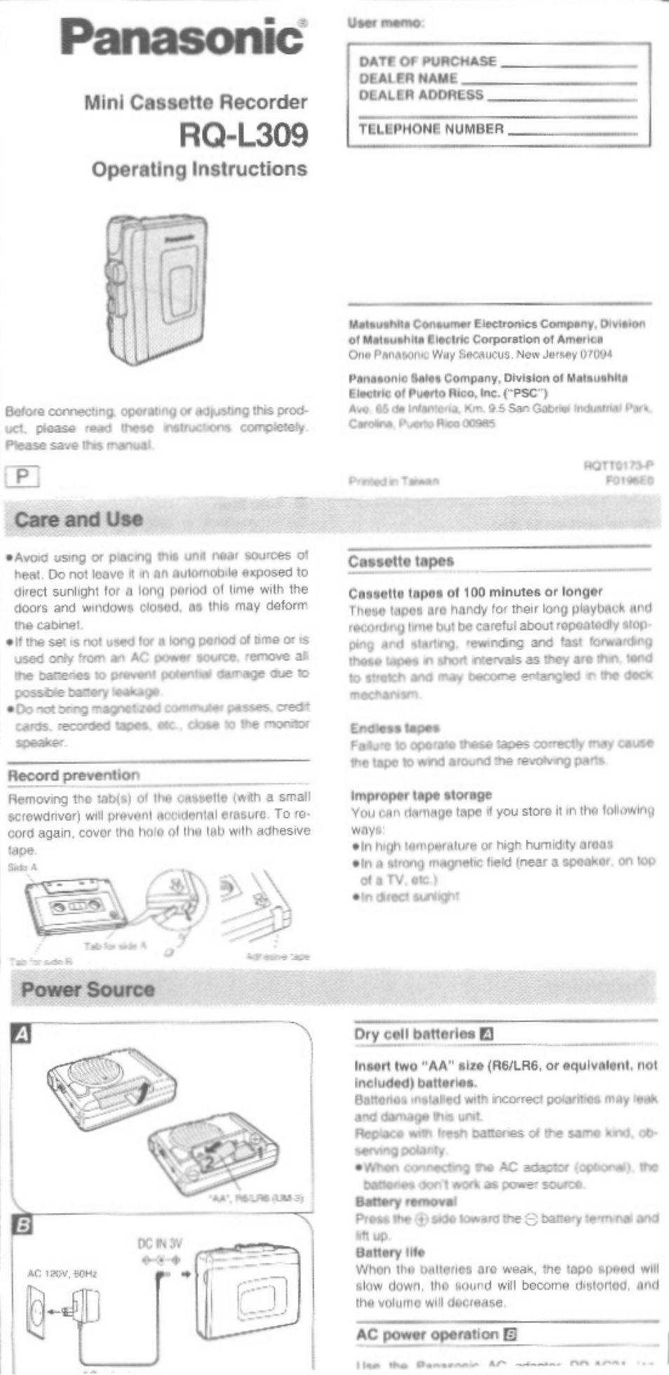 Panasonic RQ-L309 User Manual | 4 pages