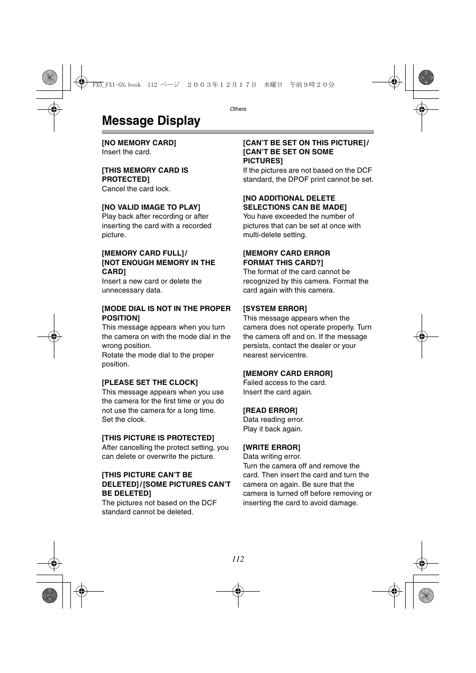 Message display | Panasonic DMC-FX1GN User Manual | Page 112 / 120