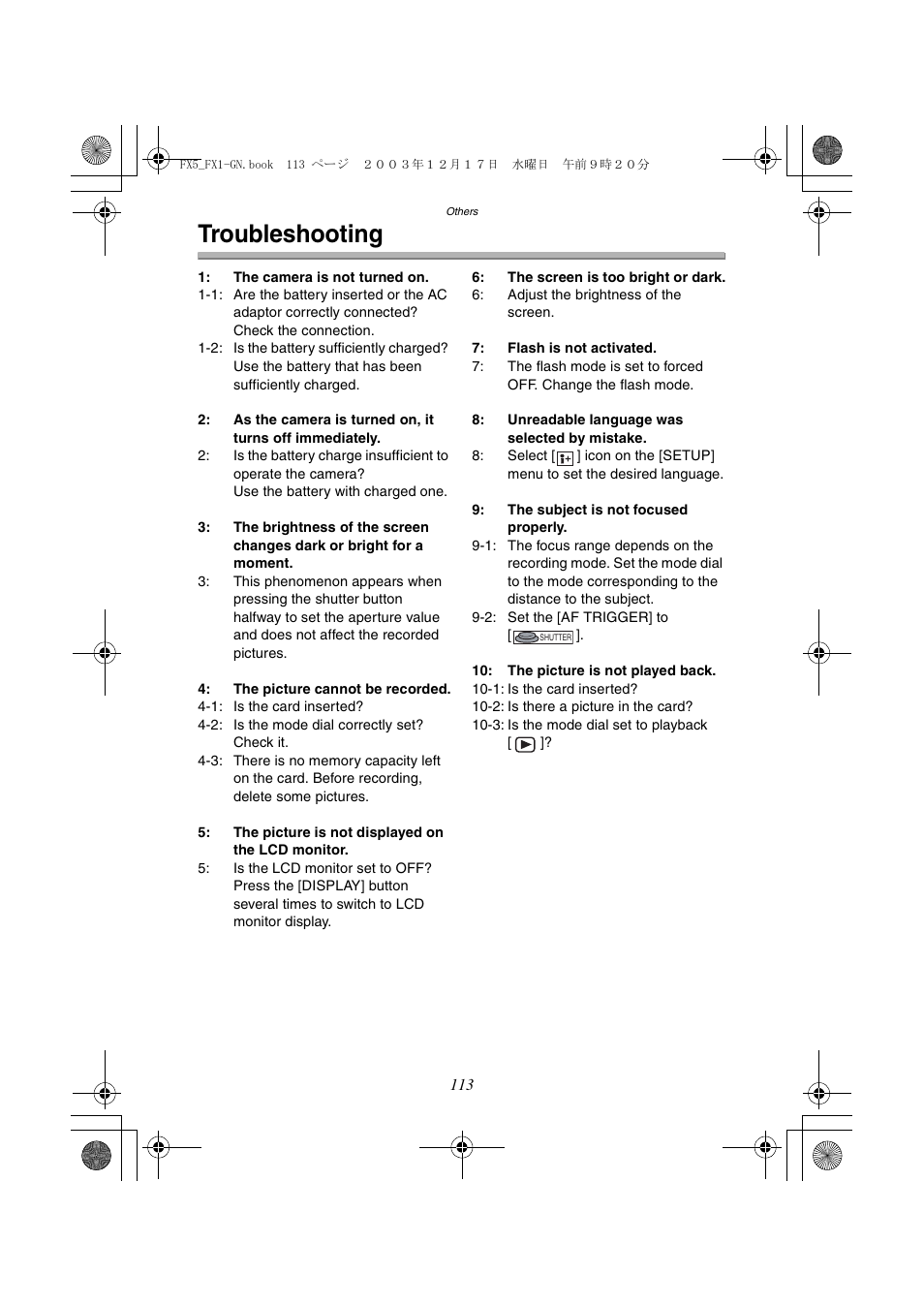 Troubleshooting | Panasonic DMC-FX1GN User Manual | Page 113 / 120