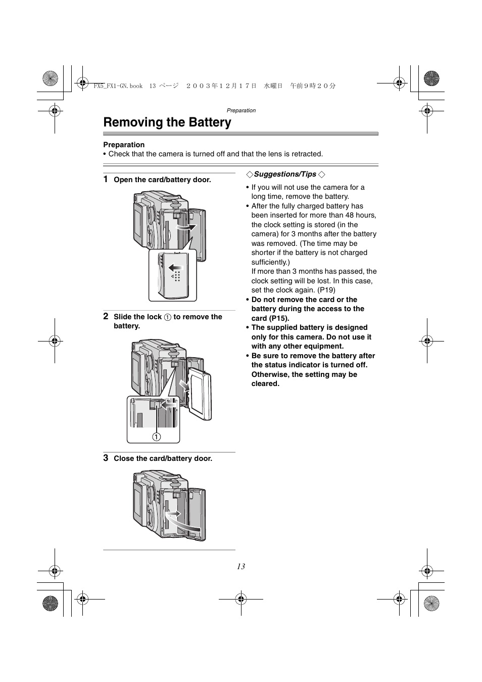 Removing the battery | Panasonic DMC-FX1GN User Manual | Page 13 / 120