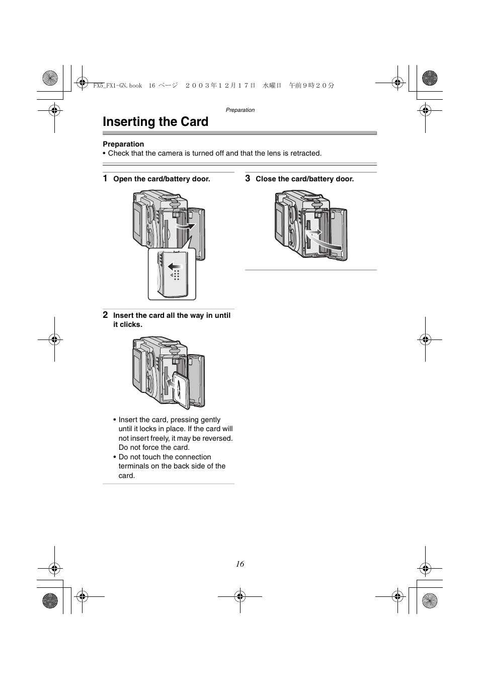 Inserting the card | Panasonic DMC-FX1GN User Manual | Page 16 / 120