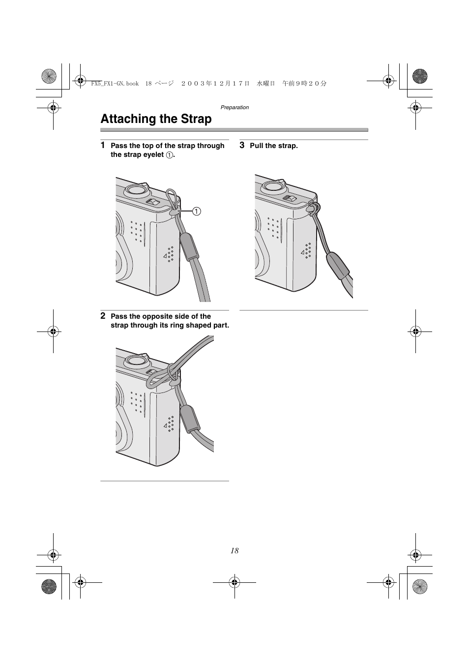 Attaching the strap | Panasonic DMC-FX1GN User Manual | Page 18 / 120