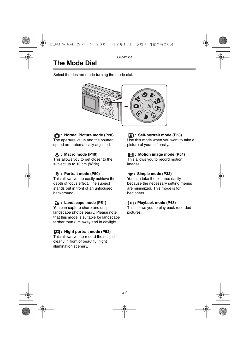 The mode dial | Panasonic DMC-FX1GN User Manual | Page 27 / 120