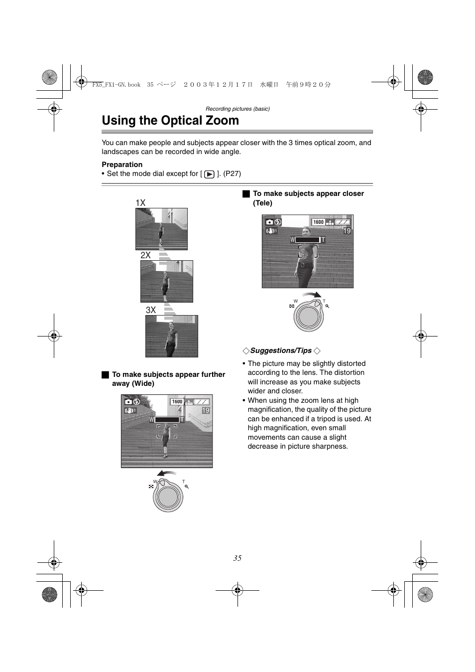 Using the optical zoom, 1x 2x 3x | Panasonic DMC-FX1GN User Manual | Page 35 / 120