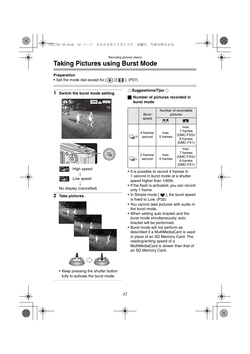 Taking pictures using burst mode | Panasonic DMC-FX1GN User Manual | Page 42 / 120